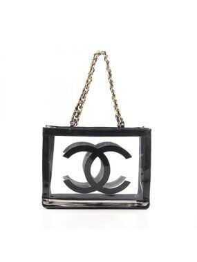 Chanel Tote Bag CC Logo Black Vinyl Patent Leather CC Clear Chain
